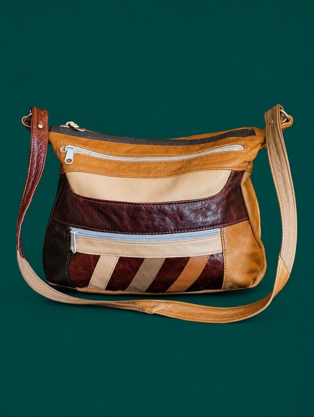 True Vintage 1970s Mexican Leather Colorblock Patchwork Hobo Shoulder Bag